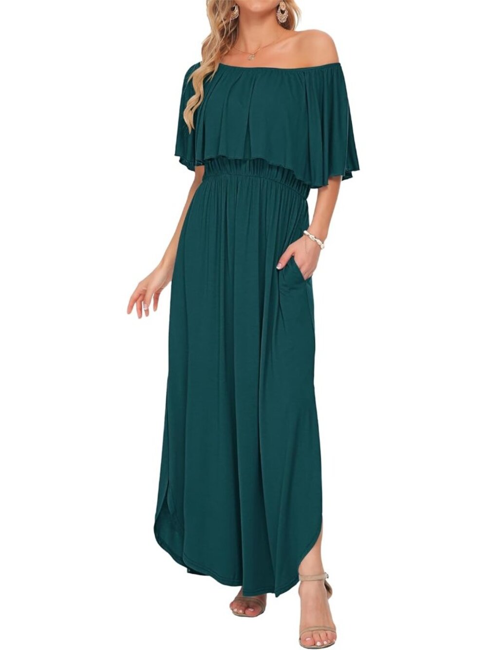 Women's Green Summer Dress Off The Shoulder Strapless Maxi Dress Ruffle Pockets